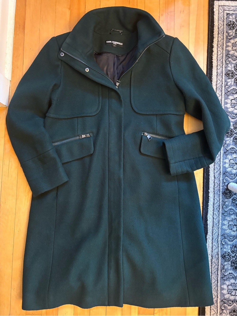 Karl Lagerfeld Dark Teal Green Wool-Blend Trench Coat